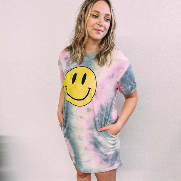 SALE! Sew in Love Happy Go Lucky Tie Dye Dress Graphic Smiley Detail CHD-300 - Picture 2 of 4